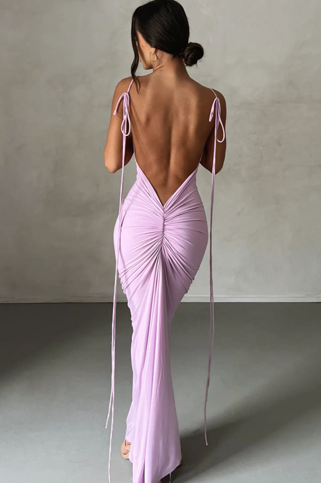 Tie Shoulder Deep Open Back Ruched Bodycon Maxi Dress