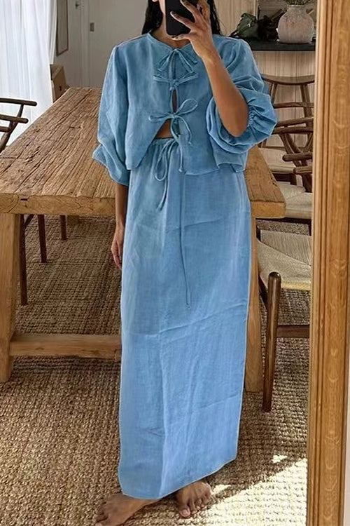 Puff Long Sleeves Lace-up Shirt Drawstring Waist Maxi Skirt Set