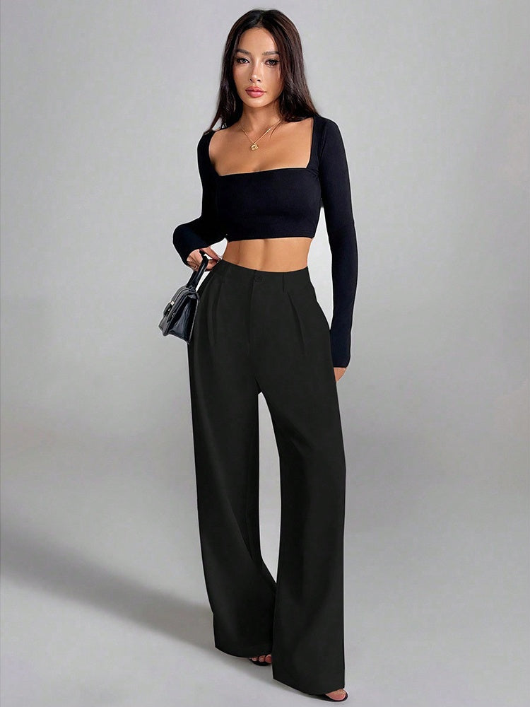 Solid Color Loose Button-down Suit Trousers