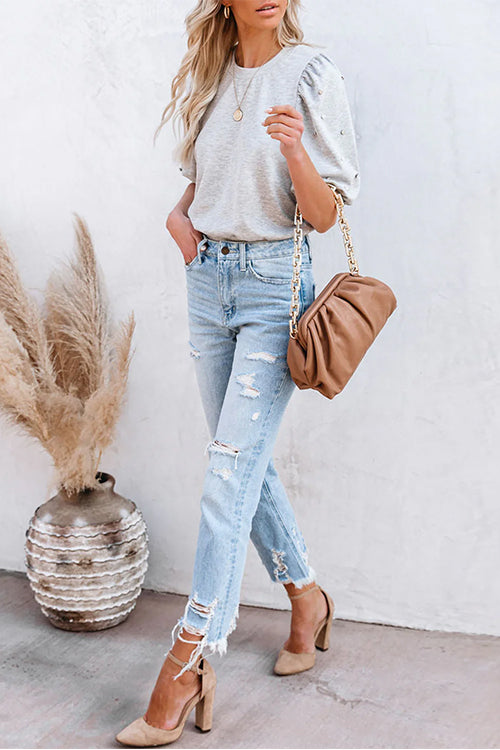 Crewneck Rhinestone Bubble Half Sleeves Pullover Top