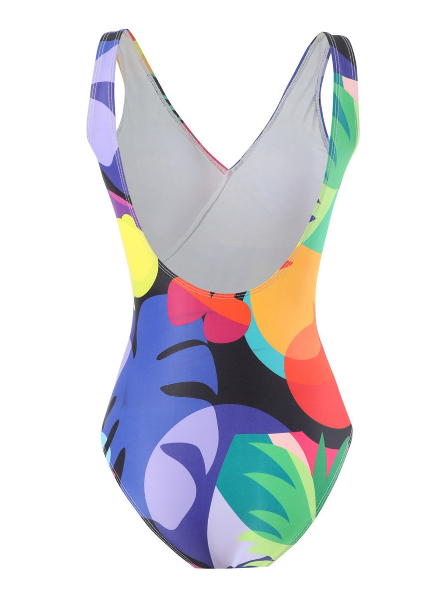One-piece Swimsuit With Cross-over Print, Revealing Backpack And Hip-revealing Long Skirt (two-piece Set)
