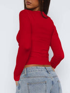 Simplicity Solid Color Hollow Bow Long-sleeved T-shirt