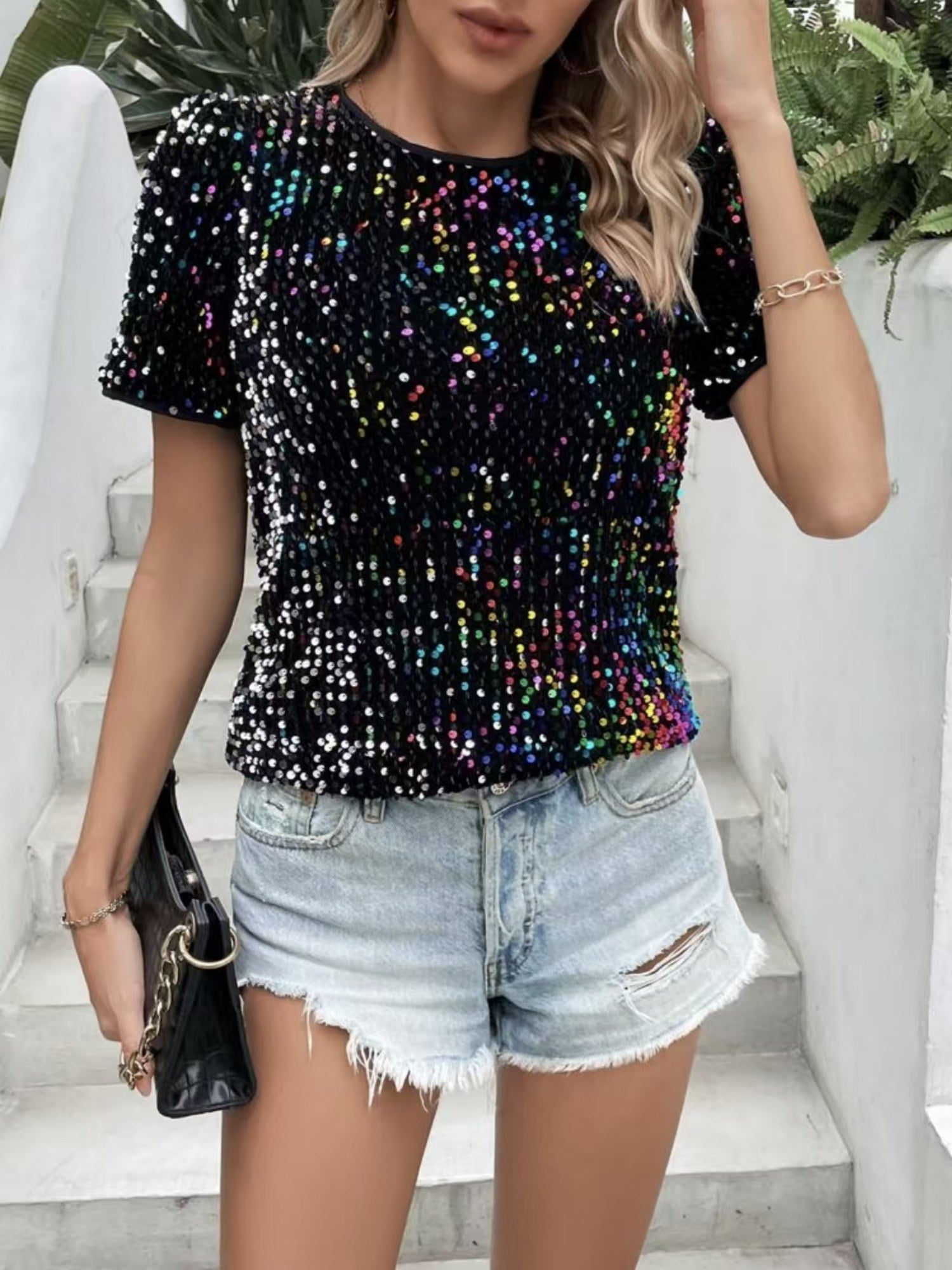 Sequins Crew Neck Short Sleeve T-shirt