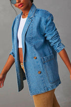 Notch Lapel Button Front Pocketed Denim Blazer