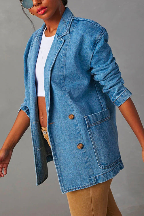Notch Lapel Button Front Pocketed Denim Blazer