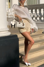 Stylish Boat Neck Puff Sleeves Satin Top
