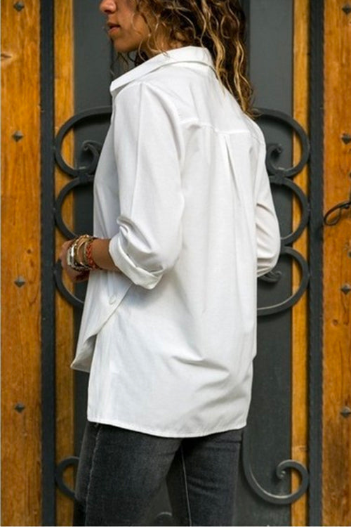 Side Buttons Long Sleeves Irregular Hem Blouse Shirt