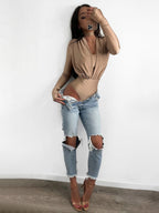 V-neck Slim Fit Pleated Decoration Base Layer Splicing Long-sleeved Bodysuit
