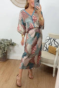 3/4 Sleeves Button Up Top and High Waist Maxi Skirt Printed Set