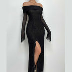 Off shoulder slit sheer mesh see through long sleeve maxi dress