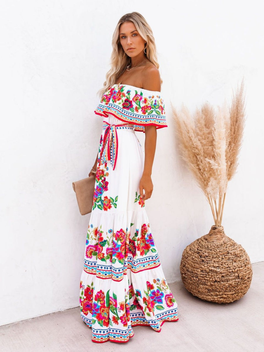 Off-the-shoulder Red Floral Print Maxi Dress
