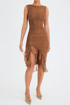 Crew Neck Ruched Mesh Bodycon High Slit Tiered Ruffle Hem Midi Dress
