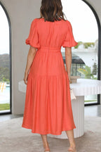 Deep V-Neck Smocked Waist Puff Sleeve Tiered Midi Dress