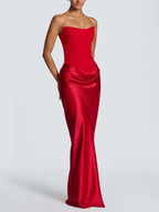 Satin Tie Ribbon Off-shoulder Sexy Strapless Bodycon Maxi Dress With Cinched Waist