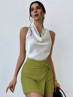 Pleats Solid Color Sexy Sleeveless Satin Satin Vest