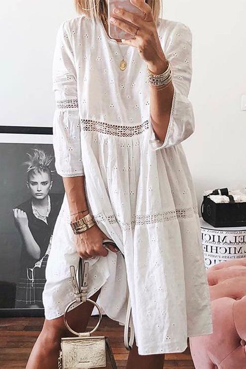 3/4 Sleeve Hollow Out Casual Babydoll Dress