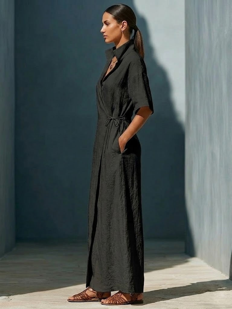 Casual V-neck Short-sleeved Tie-waist Solid Color Maxi Dresses