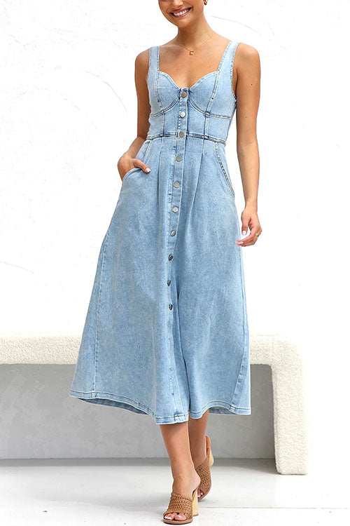 Distressed Button Down Pocketed Denim A-line Midi Cami Dress