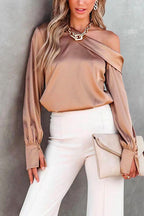 Cold Shoulder Long Sleeve Solid Satin Blouses