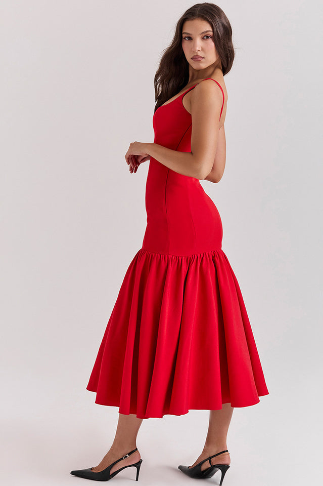 Sleeveless Scoop Neck Princess Seam Dropped Waist Gathered Flounce Midi Dress