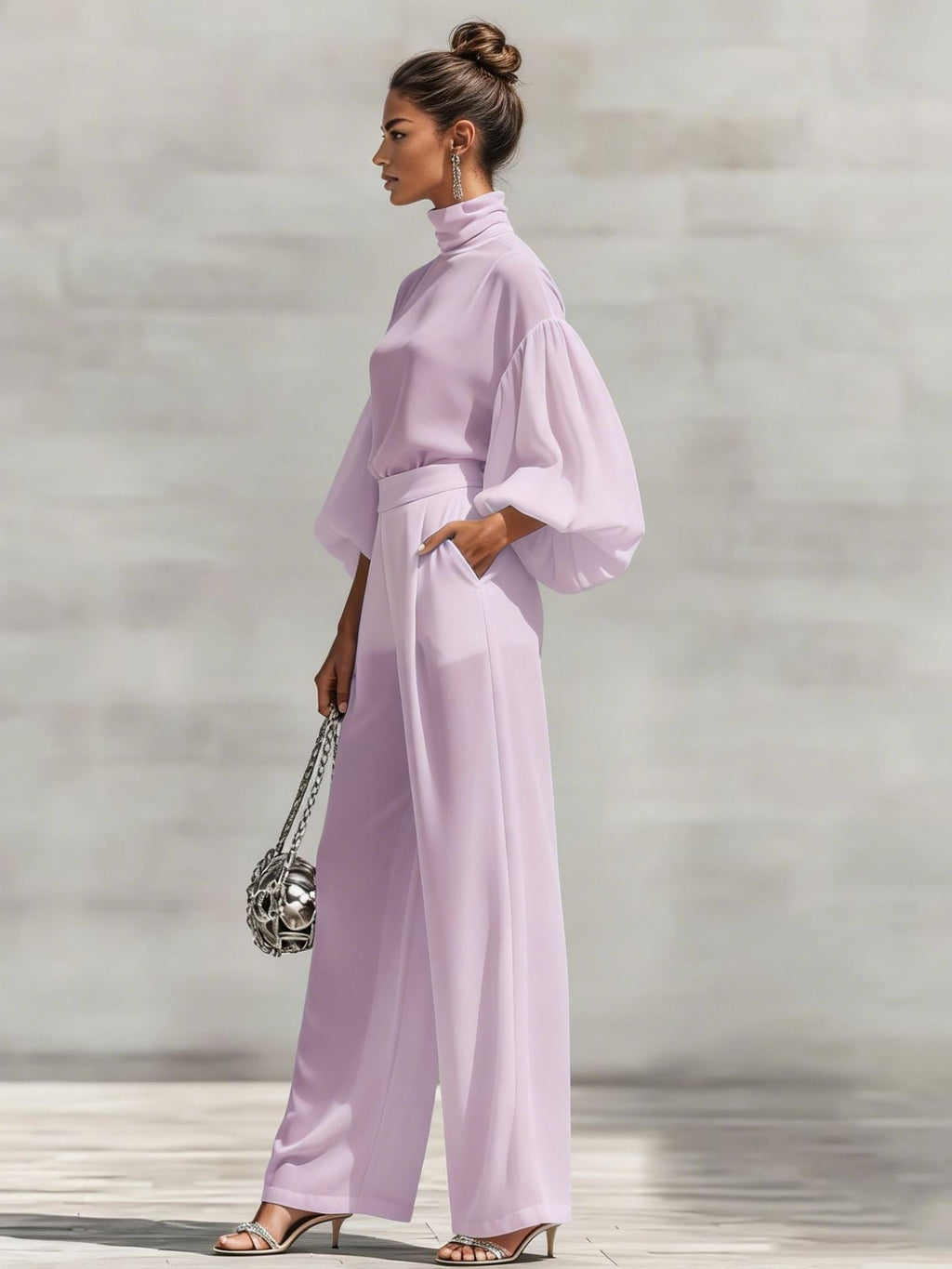 Chiffon Stand-up Collar Puff Sleeve High-waisted Draped Wide-leg Pants Two-piece Set