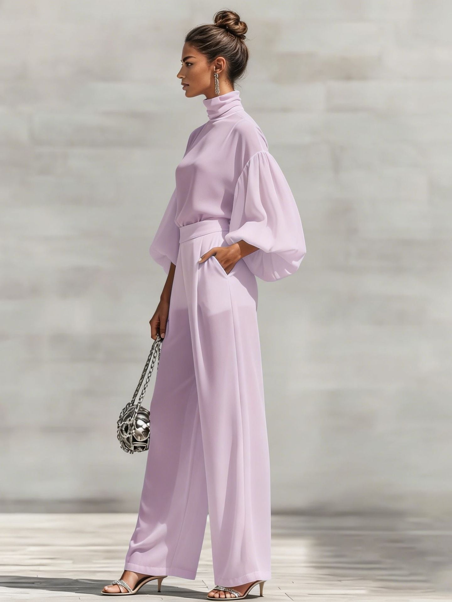 Chiffon Stand-up Collar Puff Sleeve High-waisted Draped Wide-leg Pants Two-piece Set