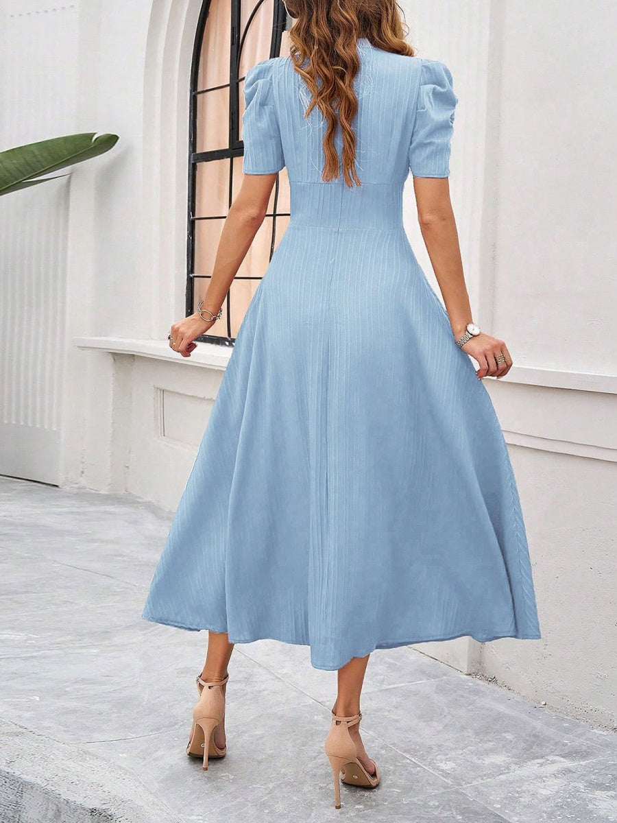 Pleated Waist Short Sleeve Maxi Dresses