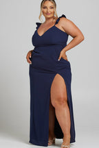 Deep V-Neck Ruffle Strap Thigh Slit Floor Length Maxi Dress
