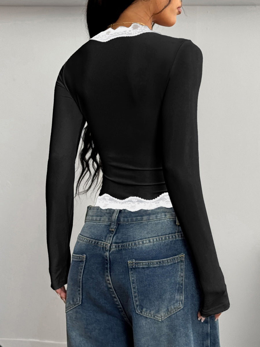 V-neck Long-sleeved T-shirt With Lace Trim And Contrasting Colors
