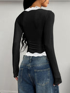 V-neck Long-sleeved T-shirt With Lace Trim And Contrasting Colors