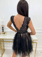 V-neck With Lace Trim Multi-story Mesh Sleeveless Mini&Short Dresses