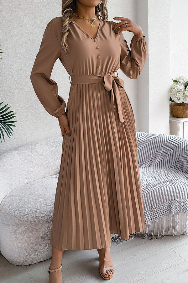 Deep V-Neck Bishop Sleeve Button Front Pleated Belted Midi Dress