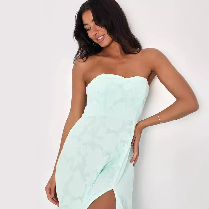 Embroidered Strapless Dress with Front Slit
