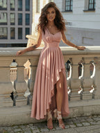 Soft Pink Prom Dress One-Shoulder Sleeveless Sexy Pleated Long Dress For Women