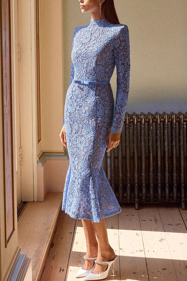 Lace Mock Neck Long Sleeve Belted Mermaid Trumpet Midi Dress