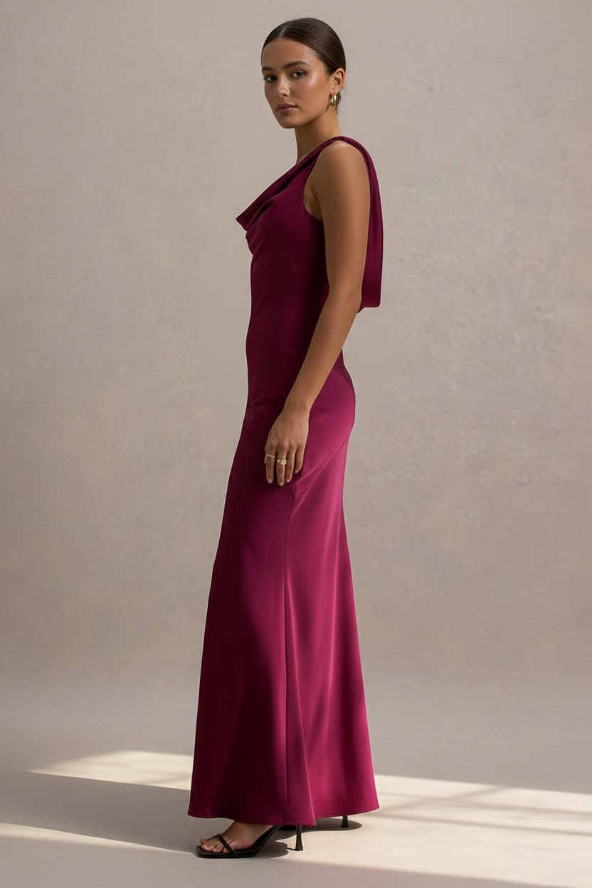 Satin Cowl Neck Spaghetti Strap Diagonal Panel Column Maxi Dress