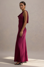 Satin Cowl Neck Spaghetti Strap Diagonal Panel Column Maxi Dress