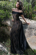 Off Shoulder Floral Lace Paneled Back Train Maxi Gown