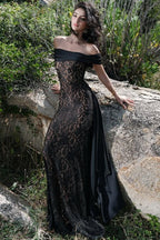 Off Shoulder Floral Lace Paneled Back Train Maxi Gown