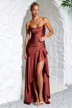 Spaghetti Strap Cowl Neck Ruffle Slit Satin Maxi Gown