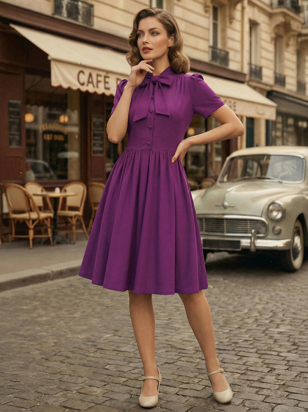 Vintage 1950s Midi Swing Tea Dress for Women - Bow Neck Short Sleeve Fit and Flare Rockabilly Gown - Garden Party 2026