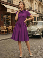 Vintage 1950s Midi Swing Tea Dress for Women - Bow Neck Short Sleeve Fit and Flare Rockabilly Gown - Garden Party 2026