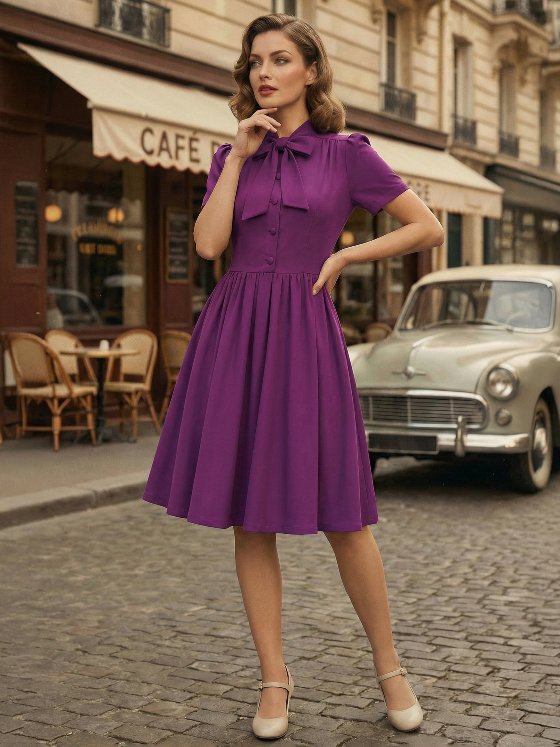 Vintage 1950s Midi Swing Tea Dress for Women - Bow Neck Short Sleeve Fit and Flare Rockabilly Gown - Garden Party 2026