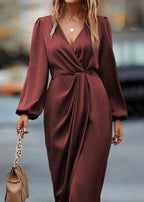Wrap V Neck Bishop Sleeve Twist Front Draped Midi Dress