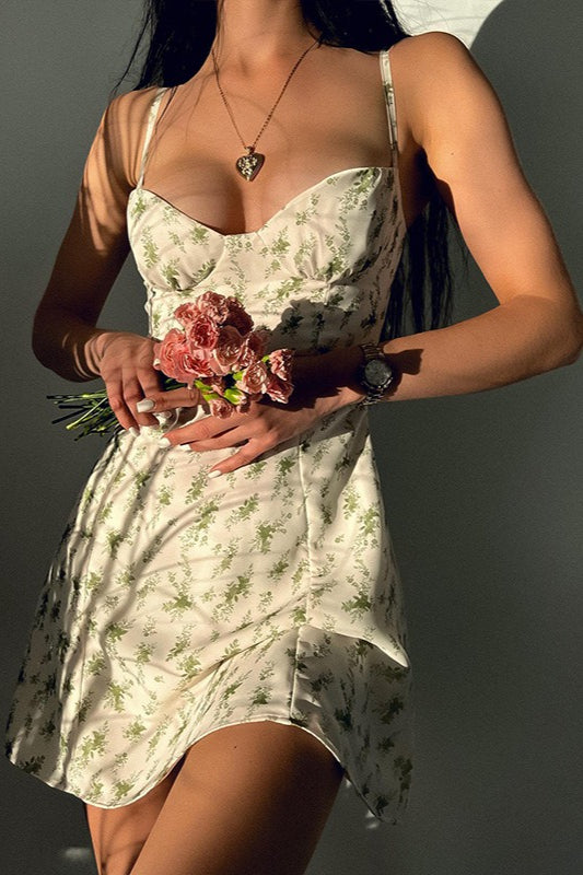 Ditsy Floral Sweetheart Bustier Spaghetti Strap Fit and Flare Mini Dress