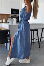 Solid Color Sleeveless Single Breasted Waist Tie Casual Pocket Denim Midi Dress