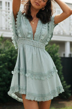 Blue V Neck Swiss Dot Lace Trim Tassel Tiered Flutter Sleeve Mini Dress
