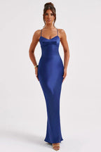 Satin Spaghetti Strap Scoop Neck Bodycon Maxi Slip Dress