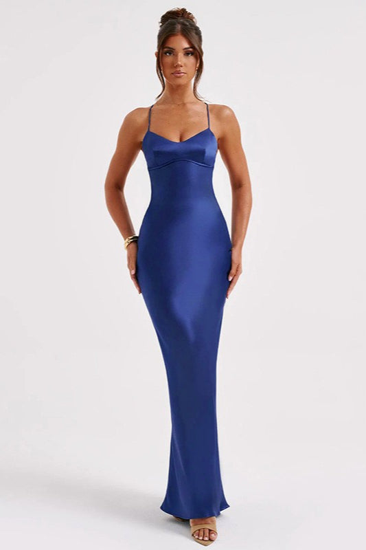 Satin Spaghetti Strap Scoop Neck Bodycon Maxi Slip Dress