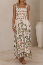 Square Neck Lace Trim Empire Waist Geometric Floral Border Maxi Dress